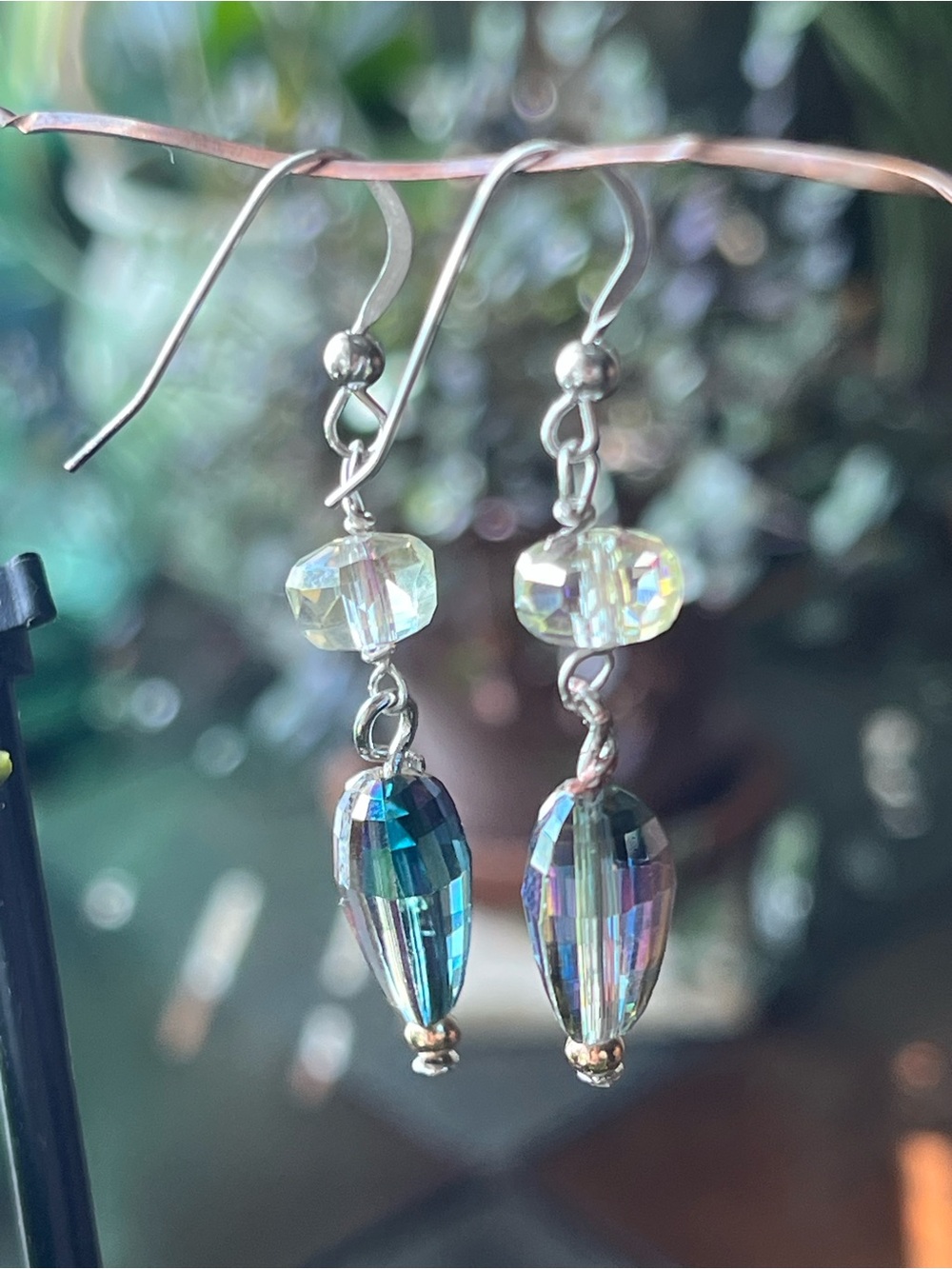 925 Sterling Silver Hook. Crystal Drop Earrings - Iridescent Blue-Green